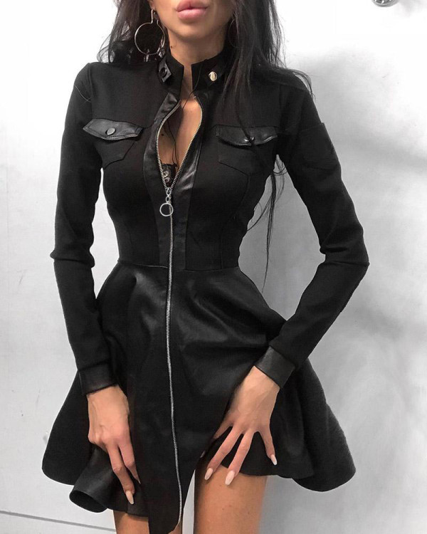 Autumn Elegant Leather Black Zipper A-Line Casual Dress