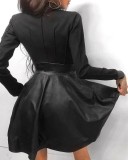 Autumn Elegant Leather Black Zipper A-Line Casual Dress