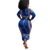 Plus Size Autumn African Print Blue Mature Midi Dress