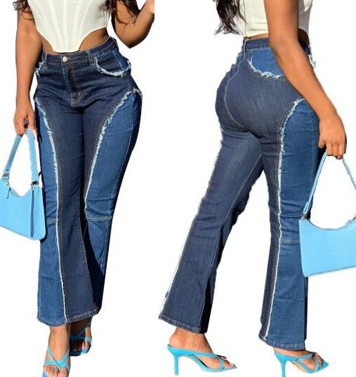 Stylish High Waist Contrast Flare Jeans