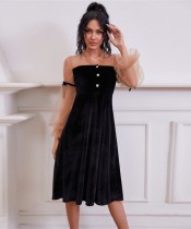 Otoño elegante vestido de cóctel de terciopelo negro patchwork