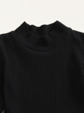 Kids Girl Winter Black Knitting Top and Khaki Leather Skirt Set