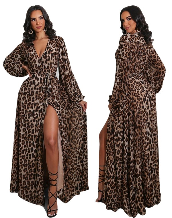 Autumn Leopard Print Wrapped Long Maxi Dress
