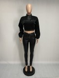 Winter Black Leather Crop Top and Lace Up Pants Set