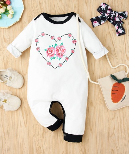 Baby Girl Autumn Print White Button Up Rompers with Headband