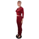 Autumn Pure Velvet Ruched Hoodie Tracksuit