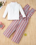 Kids Girl Autumn White Shirt and Suspender Stripes Pants Set