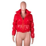 Winter Solid Color Padded Short Zipper PU Jacket