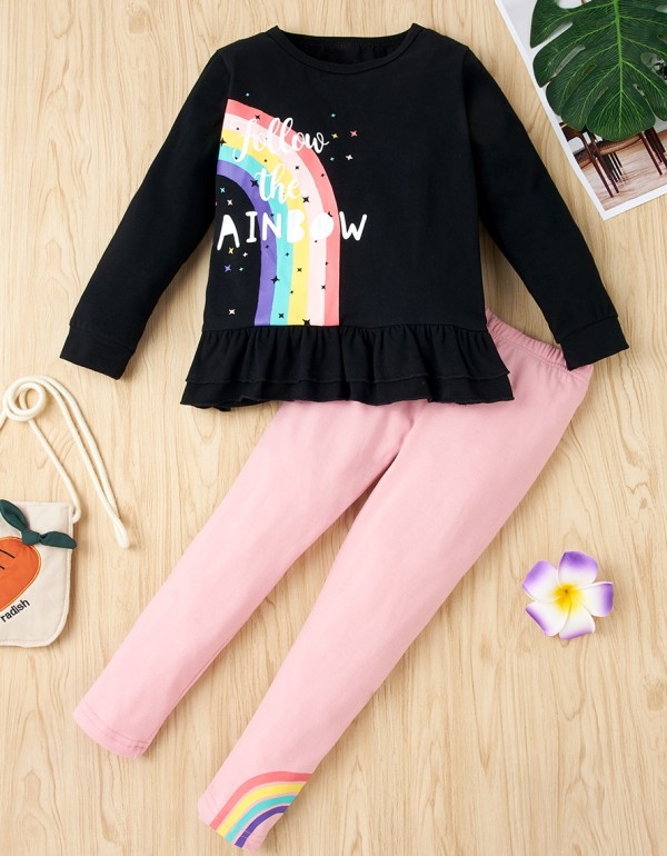 Kids Girl Autumn Rainbow Print Shirt and Pants Set