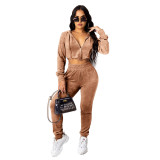 Autumn Solid Color Crop Top and Pants Hoodie Tracksuit