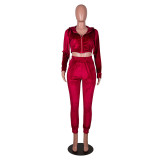 Autumn Solid Color Crop Top and Pants Hoodie Tracksuit