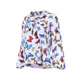 Autumn Butterfly Print Tied Blouse with Wide Sleeves