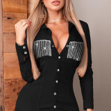 Autumn Sexy Black Fringe Button Up Blouse Dress