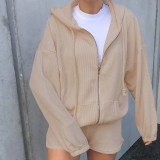 Autumn Ribbed Top and Shorts Hoodie Tracksuit