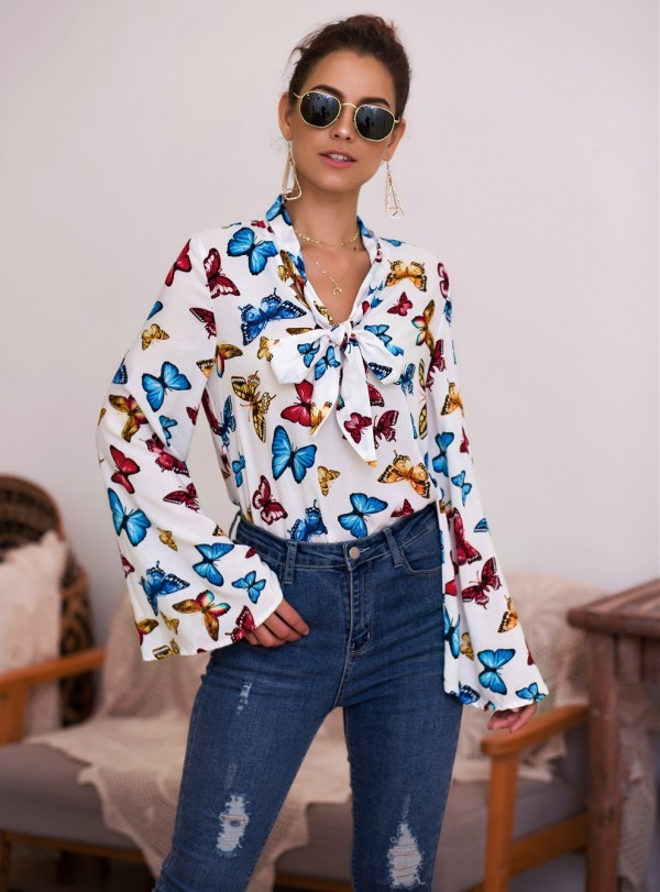 Autumn Butterfly Print Tied Blouse with Wide Sleeves