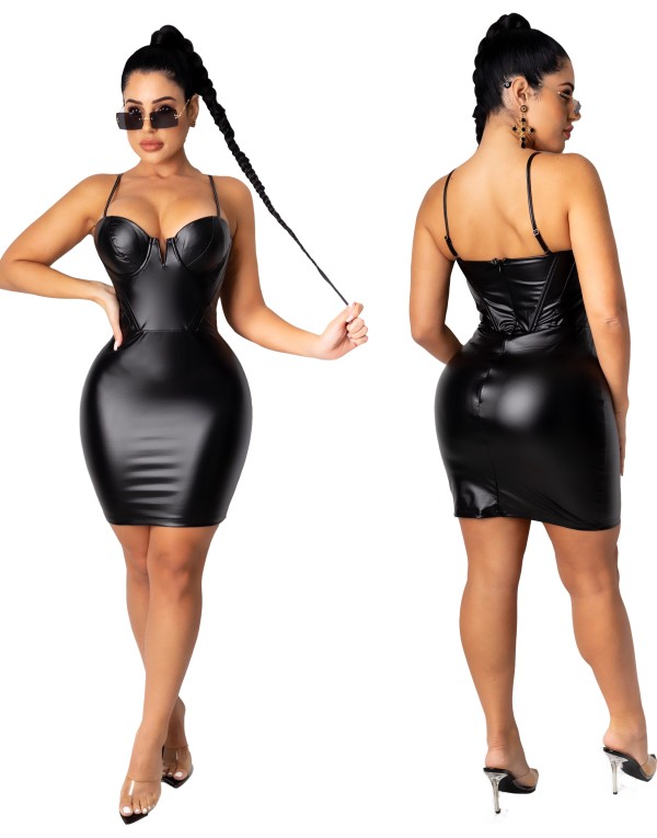Party Sexy Push Up Straps Leather Bodycon Dress