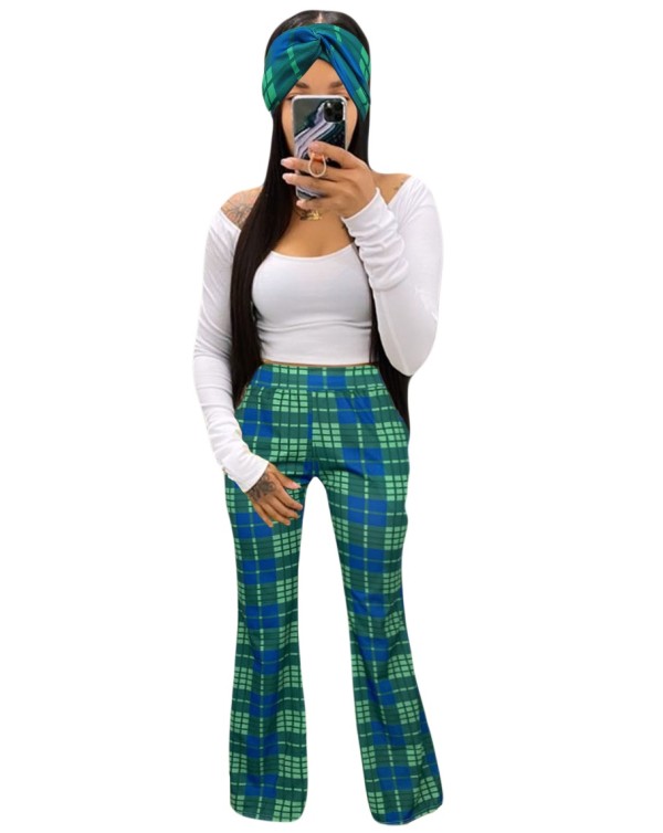 Autumn White Crop Top and Plaid Pants Set with Matching Headband