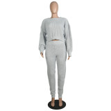 Winter Casual Knitting Plain Crop Top and Pants Set