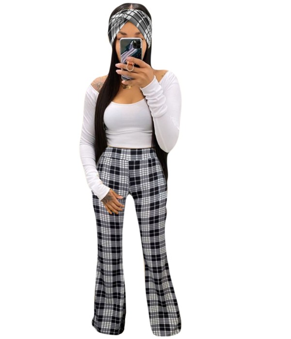 Autumn White Crop Top and Plaid Pants Set with Matching Headband