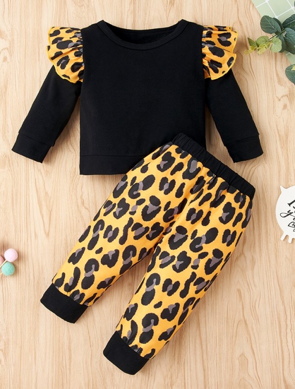 Kids Girl Autumn Leopard Print Ruffles Shirt and Pants Set