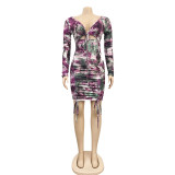 Autumn Party Tie Dye Sexy Low Back Ruched Mini Dress