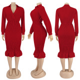Autumn Party Red Sexy Wrapped Upper Ruched Midi Dress