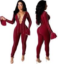Autumn Party Sexy Lace Up Ribbed Bodycon Jumpsuit