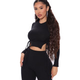 Autumn Party Sexy Solid Color Strings Crop Top and Pants Set
