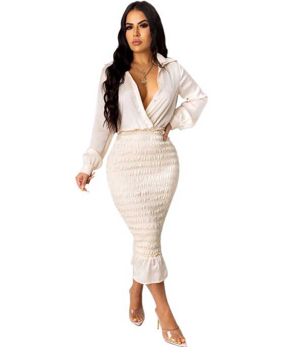 Autumn Party White Sexy Wrapped Upper Ruched Midi Dress