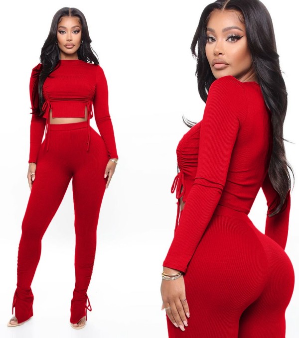 Autumn Party Sexy Solid Color Strings Crop Top and Pants Set