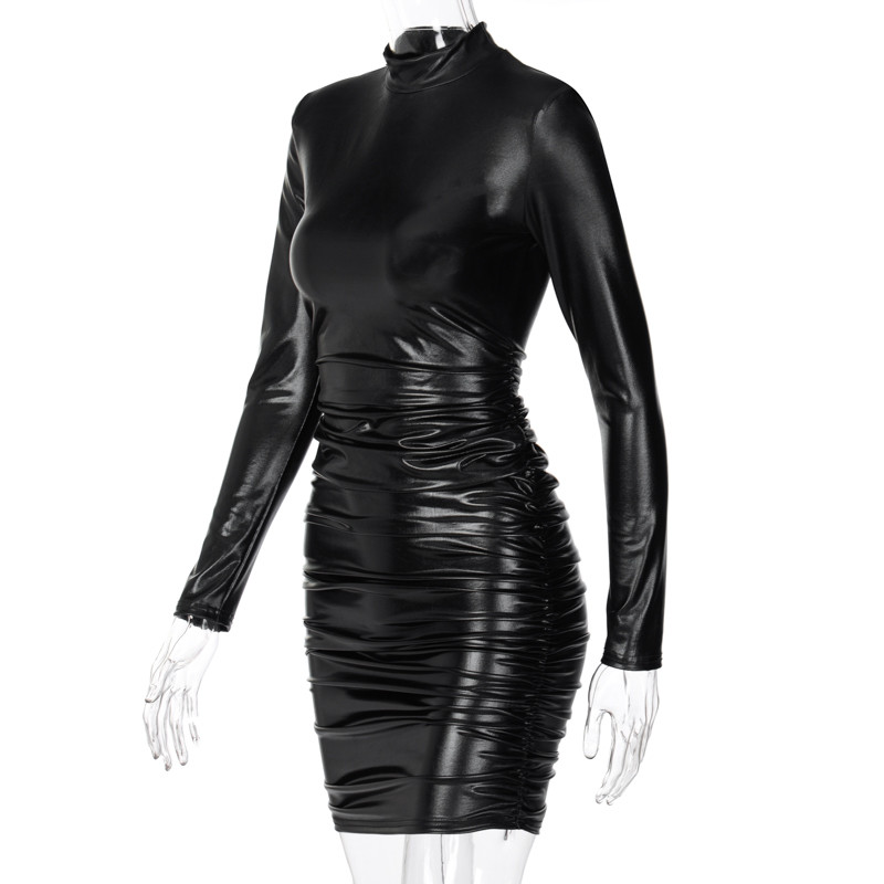 Wholesale Winter Sexy Black Leather Ruched Mini Club Dress | Global Lover