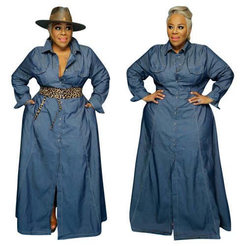 Plus Size Autumn Blue Denim Long Maxi Dress