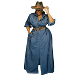 Plus Size Autumn Blue Denim Long Maxi Dress