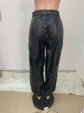 Winter Black Leather High Waist Cargo Pants with Belt