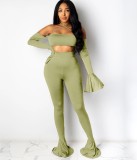 Autumn Solid Plain Party Crop Top and Bell Bottom Pants Set
