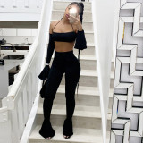 Autumn Solid Plain Party Crop Top and Bell Bottom Pants Set