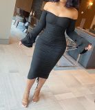 Autumn Party Sexy Strapless Ruched Black Midi Dress