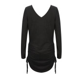 Autumn Black V-Neck Ruched Strings Shirt Dress