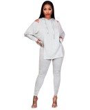 Autumn Solid Plain Cut Out Hoody Shirt and Pants Set