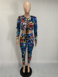 Autumn Party Lace Up Colorful Print Crop Top and Pants Set