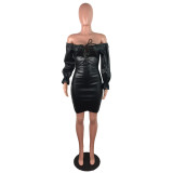 Winter Party Off Shoulder Lace Up Leather Scrunch Mini Dress