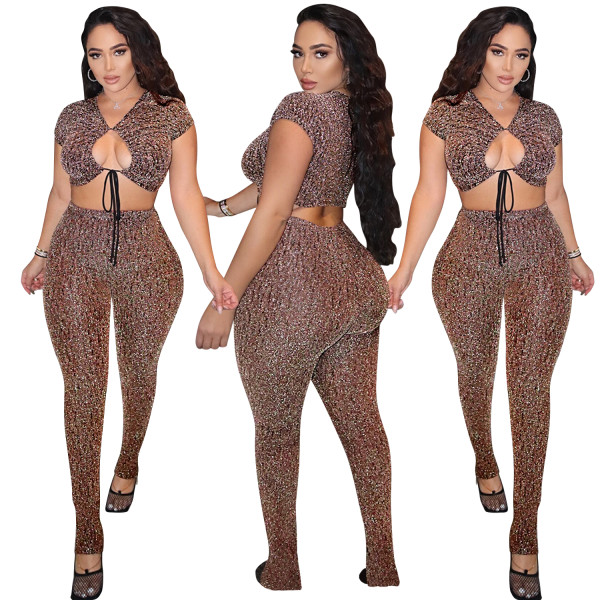 Party Metallic Sexy Keyhole Crop Top and Pants Set