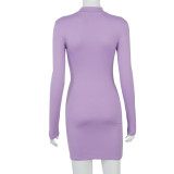 Autumn Casual Purple Ruched Strings Mini Dress