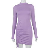 Autumn Casual Purple Ruched Strings Mini Dress
