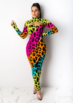 Herbst Party ausgeschnitten Leopard Midi Kleid