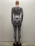 Autumn Sports Fitness Print Crop Top and Legging Set