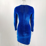 Autumn Party Blue Velvet Vintage Mini Dress