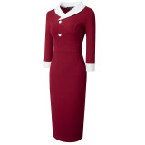 Autumn Solid Plain Vintage O-Neck Collar Office Midi Dress