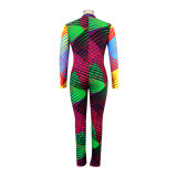 Plus Size Autumn Colorful Print Bodycon Jumpsuit