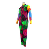 Plus Size Autumn Colorful Print Bodycon Jumpsuit